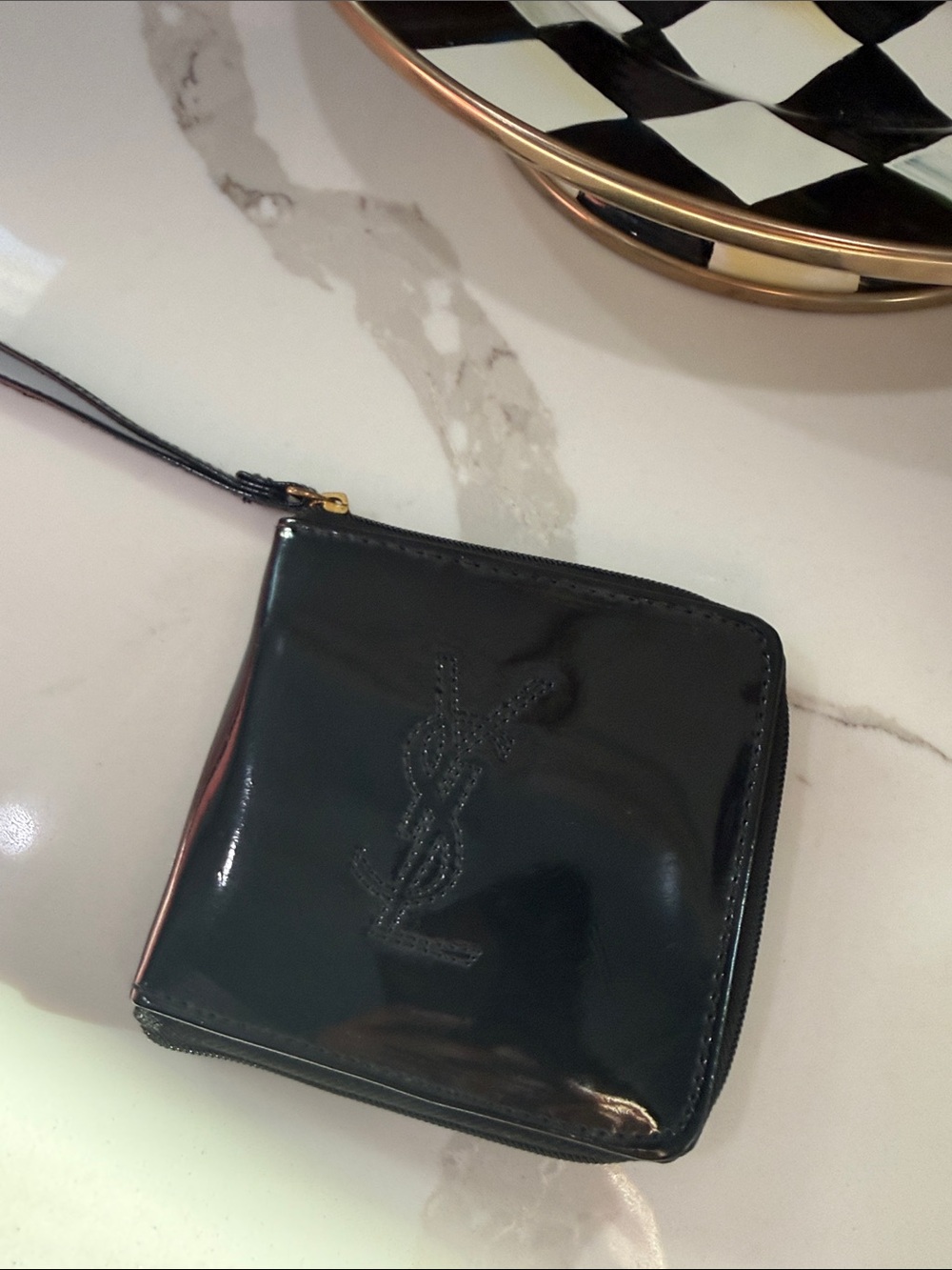 Saint Laurent Black Patent Zip-Around Square Wristlet